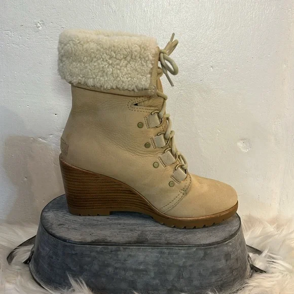 #0169- Sorel After Hours Lace Up Shearling Wedge Boots-Lined Cuff-7.5 - Picture 3 of 11